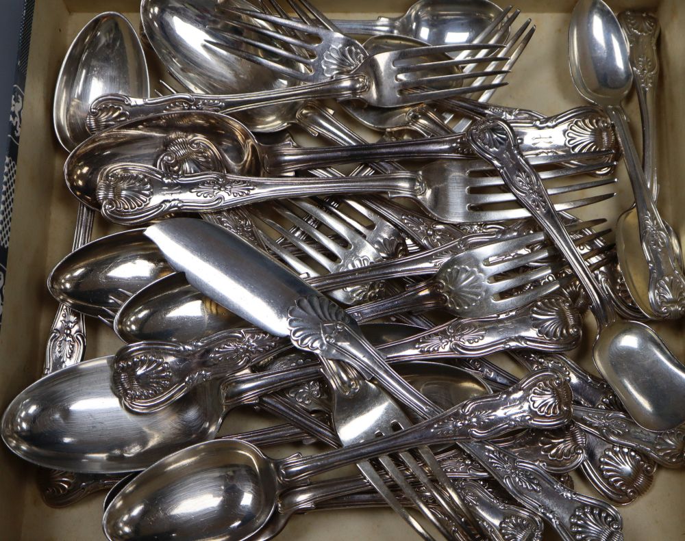 A Victorian and later matched part canteen of silver Kings pattern flatware, various dates and makers, 63oz.